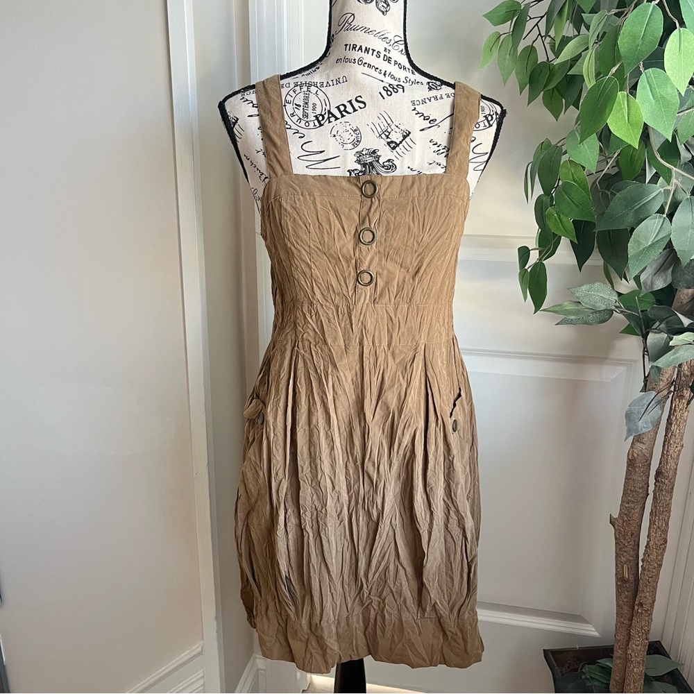 Mine Crinkled Button Torso Jumper Dress Tan Sz M